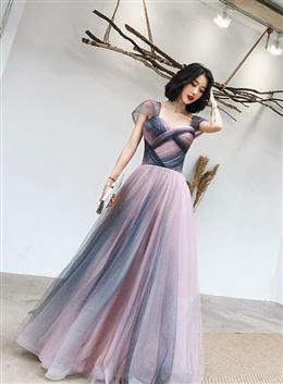 Picture of Blue Tulle Long Off Shoulder Gradient A-line Formal Dresses, Pink Party Dresses Evening Gown